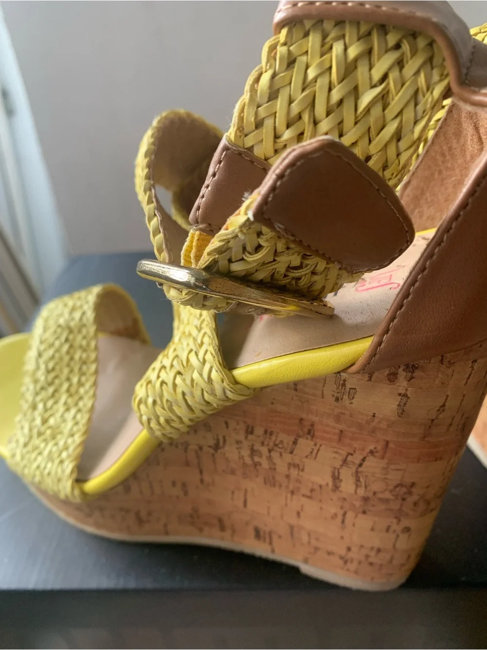 Woven Yellow Platform Wedge Sandals - Women, size 8
